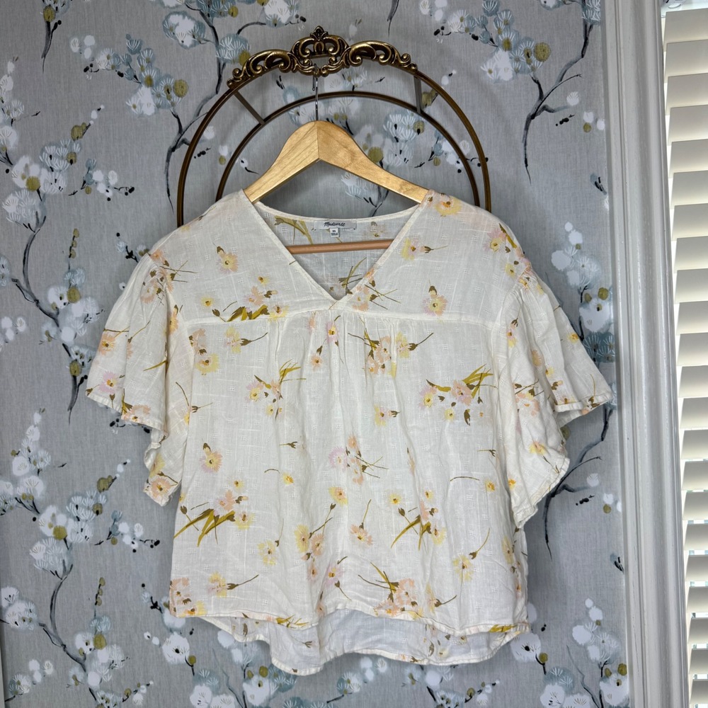 Madewell Womens XS Floral Flutter Sleeve V-Neck Cotton Dobby Blouse Cream Yellow